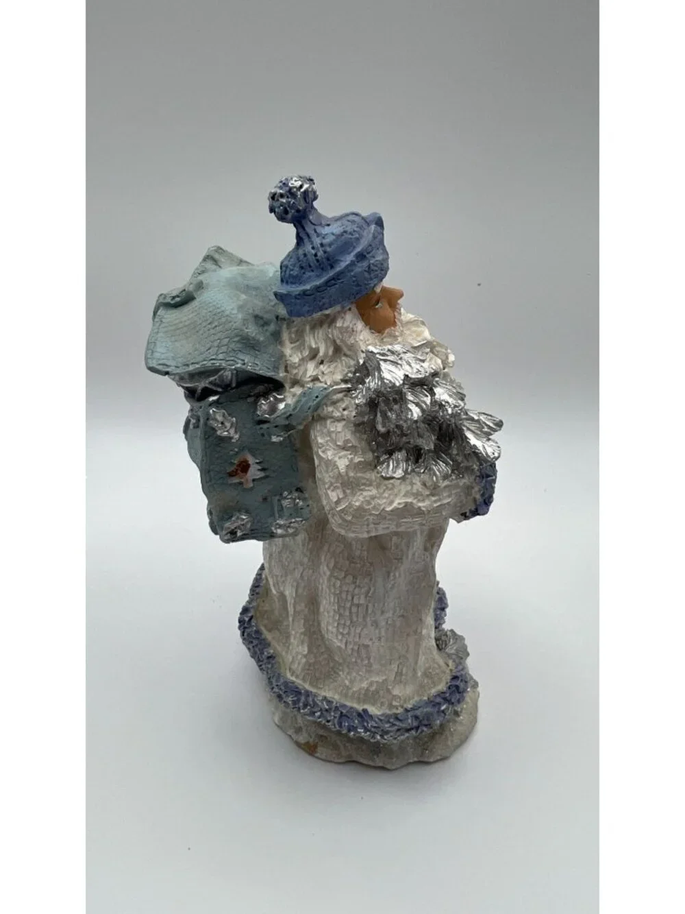 Vintage Santa Claus Figurine With Blue Hat & Sack White Robe With Glitter Accent